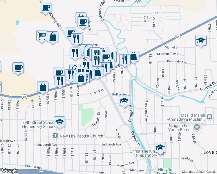map of restaurants, bars, coffee shops, grocery stores, and more near 1231 Military Road in Niagara Falls