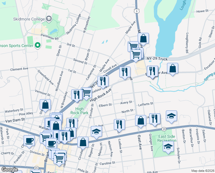 map of restaurants, bars, coffee shops, grocery stores, and more near 40 Excelsior Avenue in Saratoga Springs