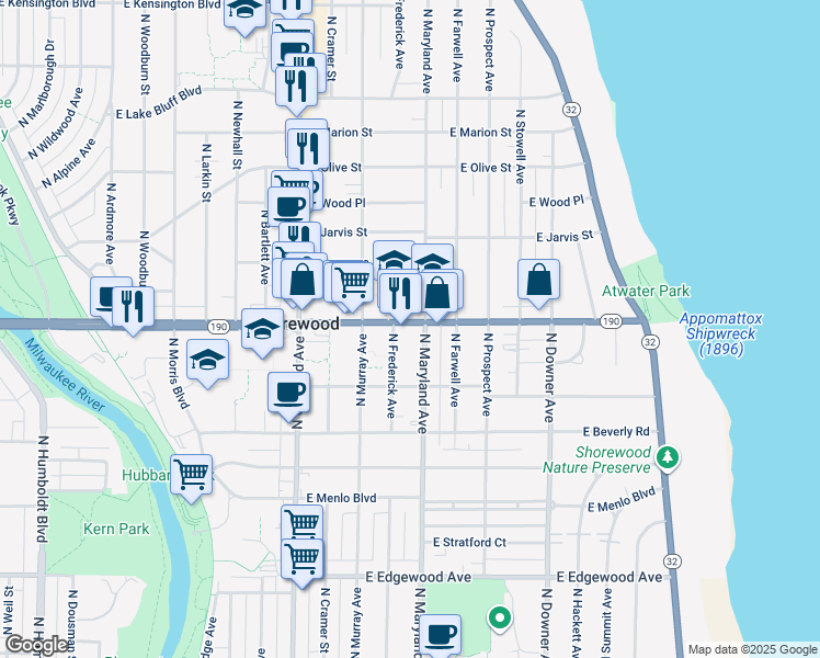 map of restaurants, bars, coffee shops, grocery stores, and more near 2121 East Capitol Drive in Milwaukee