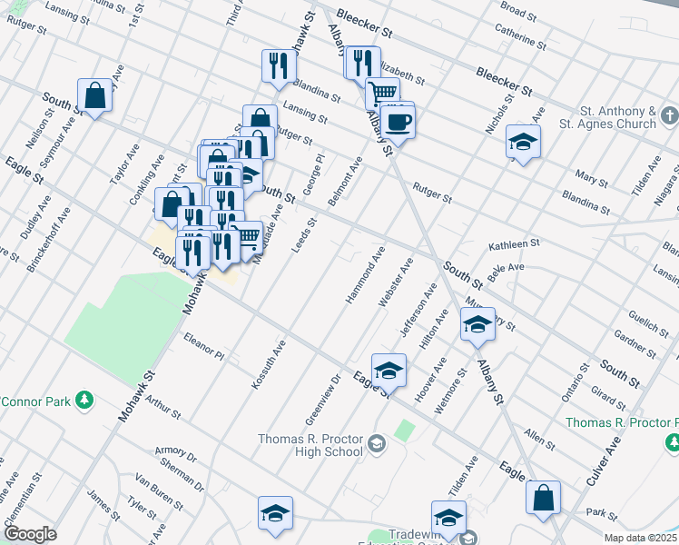 map of restaurants, bars, coffee shops, grocery stores, and more near 1120 Hammond Avenue in Utica