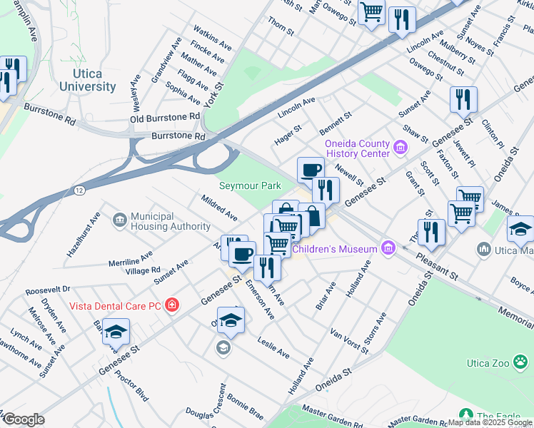 map of restaurants, bars, coffee shops, grocery stores, and more near 21 Rose Place in Utica