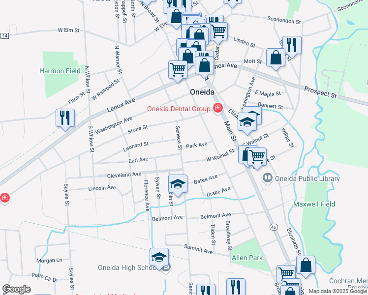 map of restaurants, bars, coffee shops, grocery stores, and more near 233 Park Avenue in Oneida