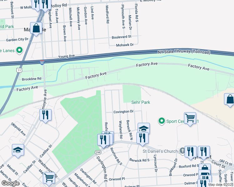 map of restaurants, bars, coffee shops, grocery stores, and more near 358 Medford Road in Syracuse