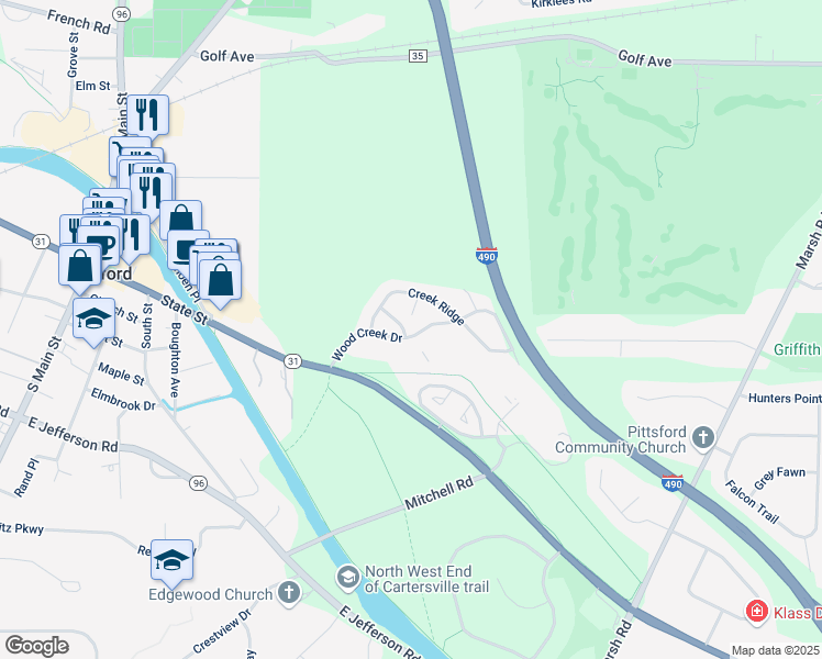 map of restaurants, bars, coffee shops, grocery stores, and more near 17 Winding Wood in Pittsford