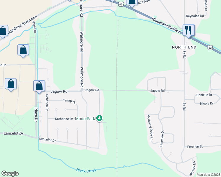 map of restaurants, bars, coffee shops, grocery stores, and more near 2347 Jagow Road in Niagara Falls