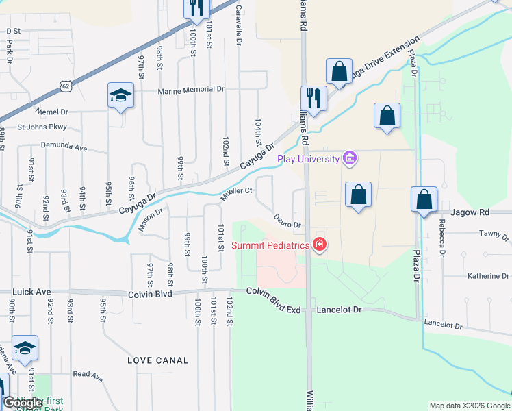map of restaurants, bars, coffee shops, grocery stores, and more near 99 Deuro Drive in Niagara Falls