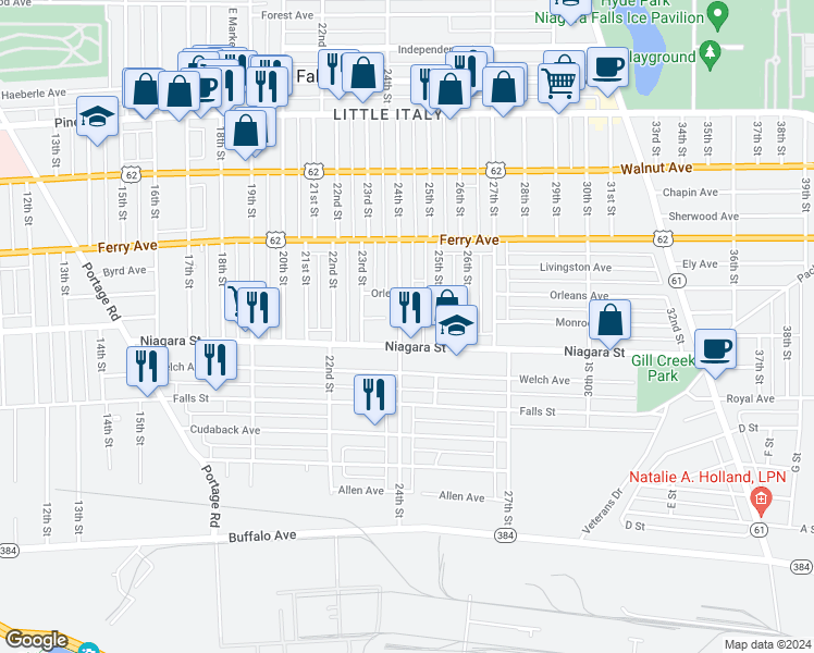 map of restaurants, bars, coffee shops, grocery stores, and more near 414 24th Street in Niagara Falls