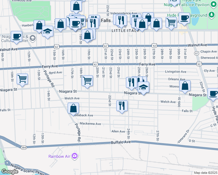 map of restaurants, bars, coffee shops, grocery stores, and more near 413 21st Street in Niagara Falls