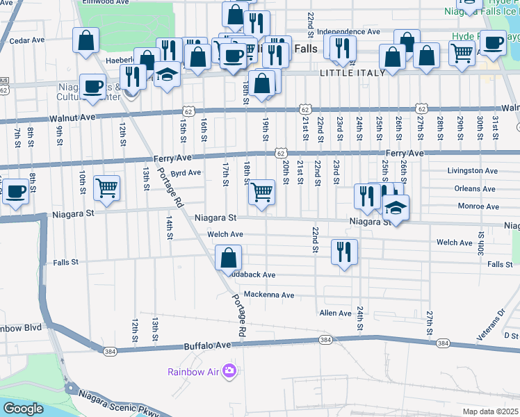 map of restaurants, bars, coffee shops, grocery stores, and more near 1816 Niagara Street in Niagara Falls