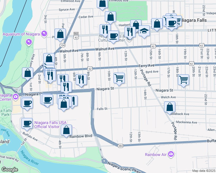 map of restaurants, bars, coffee shops, grocery stores, and more near 407 10th Street in Niagara Falls