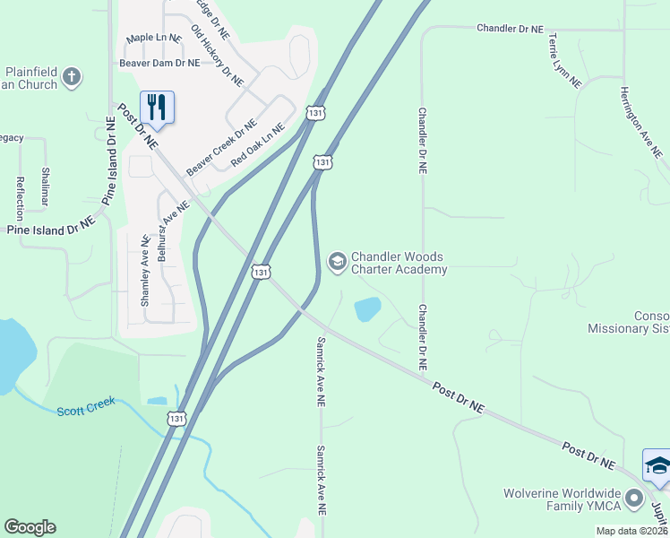 map of restaurants, bars, coffee shops, grocery stores, and more near 6895 Samrick Avenue Northeast in Plainfield charter Township