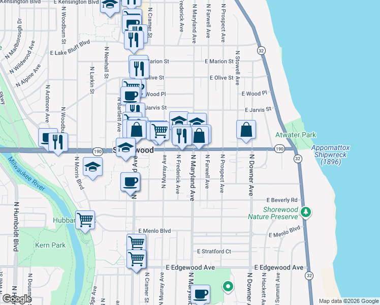 map of restaurants, bars, coffee shops, grocery stores, and more near 2101 East Capitol Drive in Shorewood