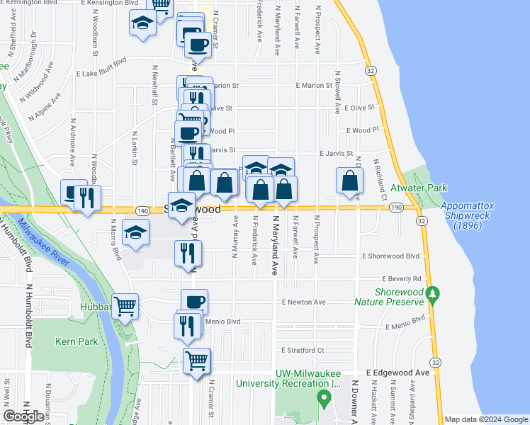 map of restaurants, bars, coffee shops, grocery stores, and more near 2101 East Capitol Drive in Shorewood