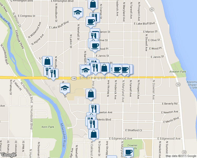 map of restaurants, bars, coffee shops, grocery stores, and more near 3975 North Cramer Street in Shorewood