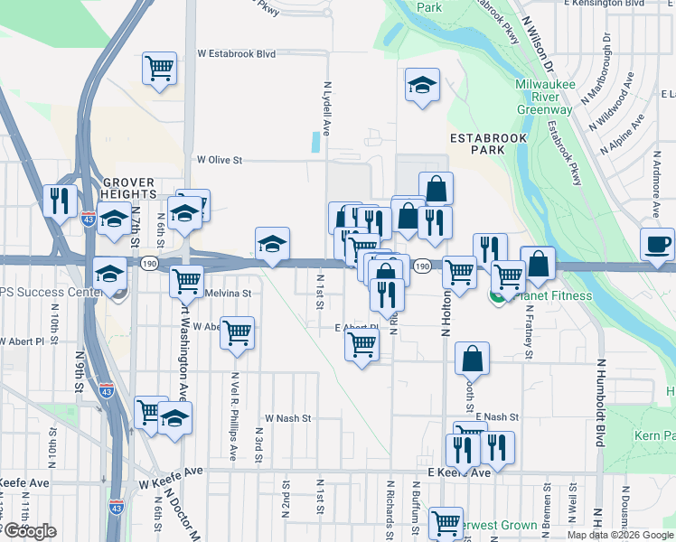 map of restaurants, bars, coffee shops, grocery stores, and more near 3930 North 1st Street in Milwaukee