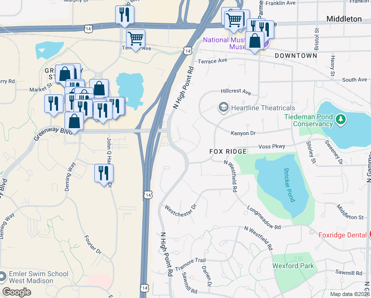 map of restaurants, bars, coffee shops, grocery stores, and more near 1501 Sunset Court in Middleton