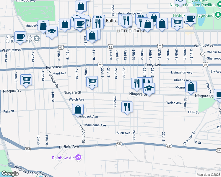 map of restaurants, bars, coffee shops, grocery stores, and more near 413 21st Street in Niagara Falls