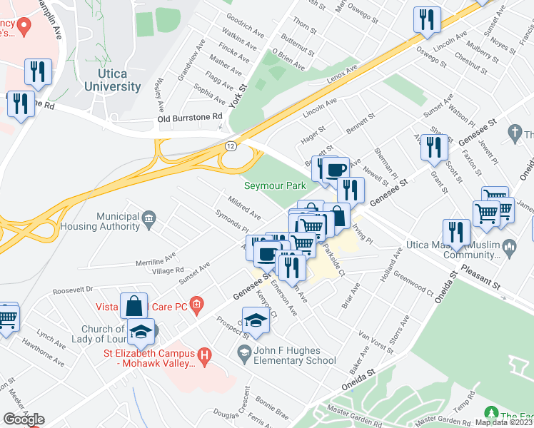 map of restaurants, bars, coffee shops, grocery stores, and more near 1908 Sunset Avenue in Utica