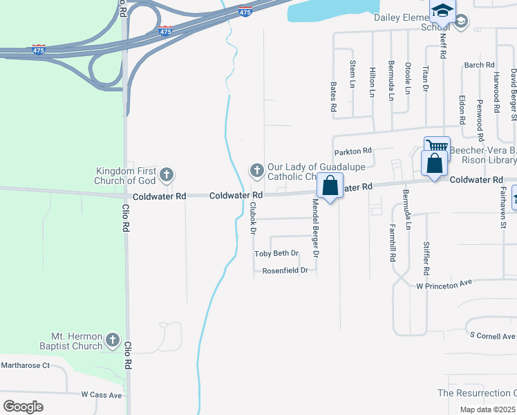 map of restaurants, bars, coffee shops, grocery stores, and more near 5512 Clubok Drive in Flint