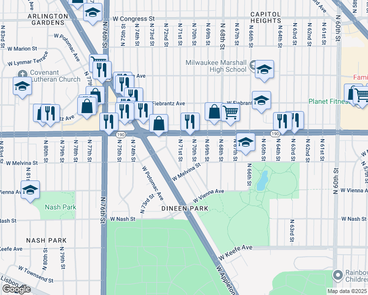 map of restaurants, bars, coffee shops, grocery stores, and more near 3958 North 71st Street in Milwaukee