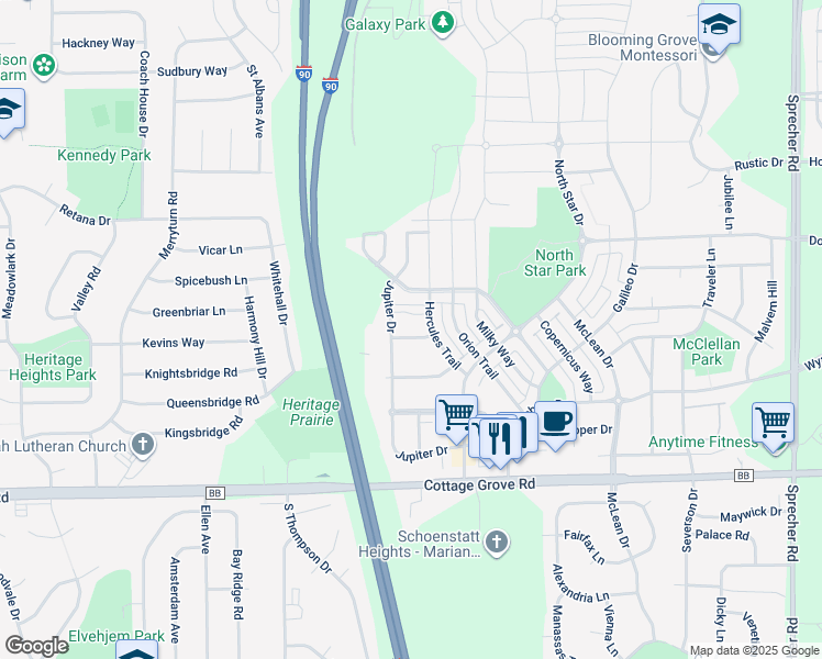 map of restaurants, bars, coffee shops, grocery stores, and more near 5850 Charon Lane in Madison