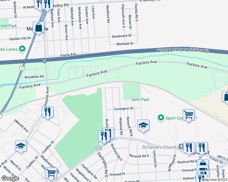 map of restaurants, bars, coffee shops, grocery stores, and more near 358 Medford Road in Syracuse