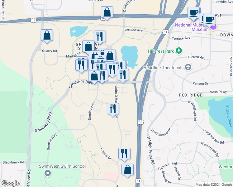 map of restaurants, bars, coffee shops, grocery stores, and more near 1428 John Q Hammons Drive in Madison