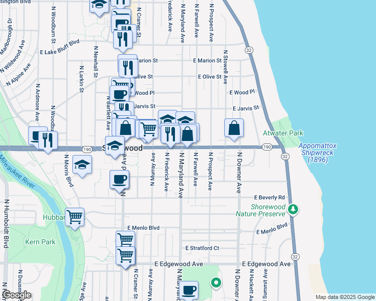 map of restaurants, bars, coffee shops, grocery stores, and more near 2211 East Capitol Drive in Shorewood