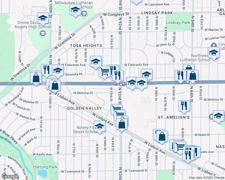 map of restaurants, bars, coffee shops, grocery stores, and more near 3954 North 93rd Street in Milwaukee
