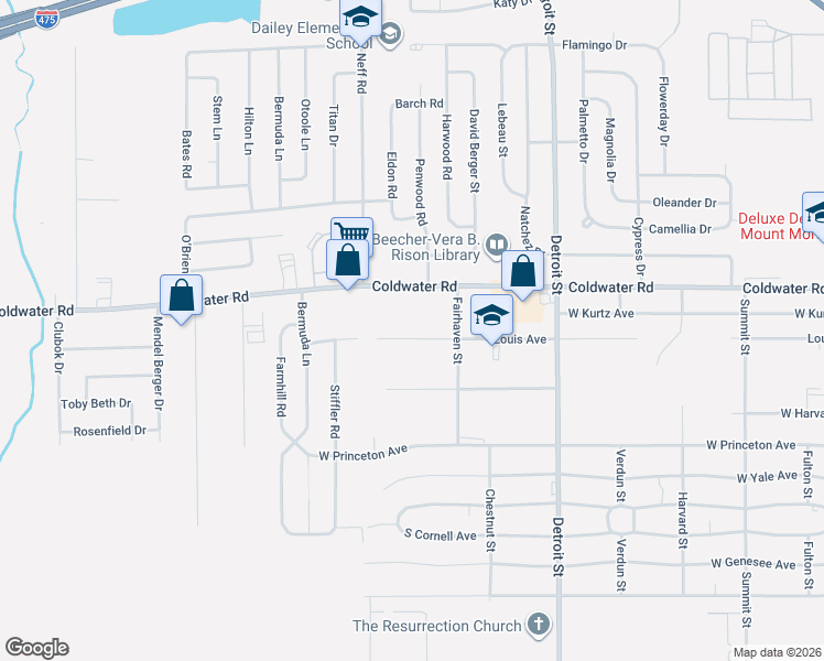map of restaurants, bars, coffee shops, grocery stores, and more near 1482 Louis Avenue in Flint