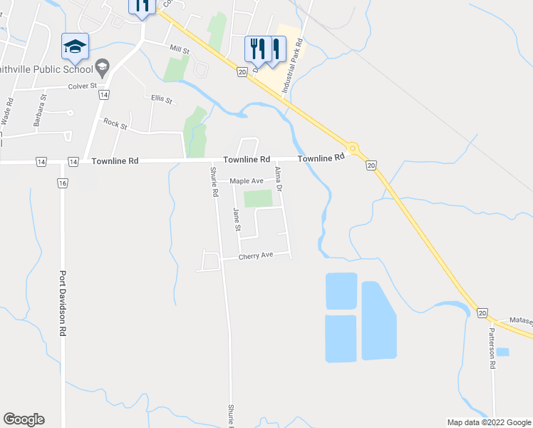 map of restaurants, bars, coffee shops, grocery stores, and more near 38 Lindan Street in Smithville