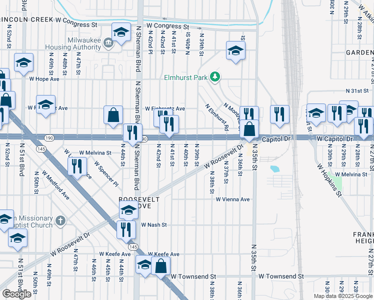 map of restaurants, bars, coffee shops, grocery stores, and more near 3942 North 40th Street in Milwaukee