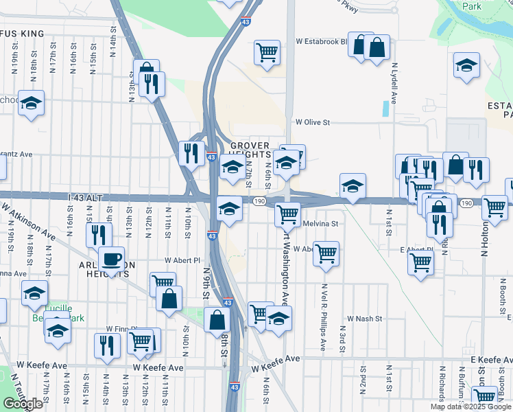 map of restaurants, bars, coffee shops, grocery stores, and more near 623 West Capitol Drive in Milwaukee