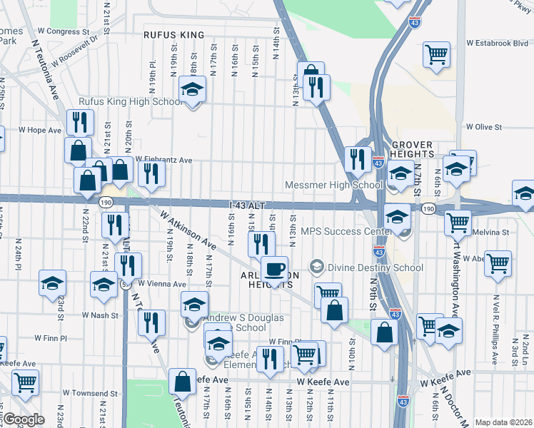 map of restaurants, bars, coffee shops, grocery stores, and more near 3961 North 14th Street in Milwaukee