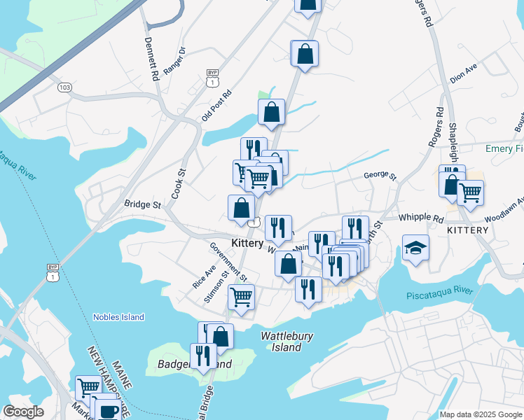 map of restaurants, bars, coffee shops, grocery stores, and more near 44 State Road in Kittery