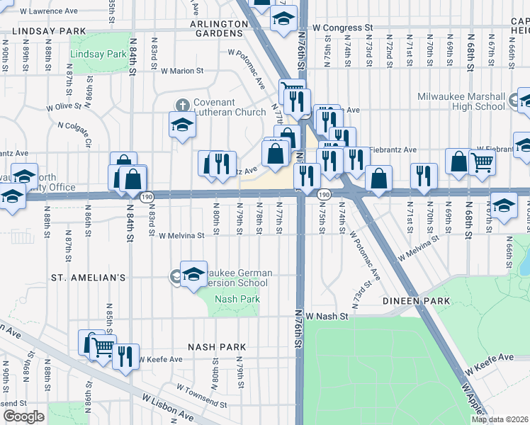 map of restaurants, bars, coffee shops, grocery stores, and more near 3942 N 78th St in Milwaukee