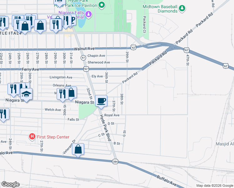 map of restaurants, bars, coffee shops, grocery stores, and more near 3340 Simmons Avenue in Niagara Falls