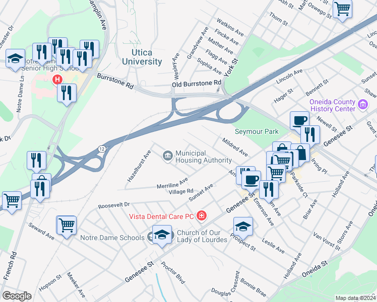 map of restaurants, bars, coffee shops, grocery stores, and more near 920 Craigie Ave in Utica