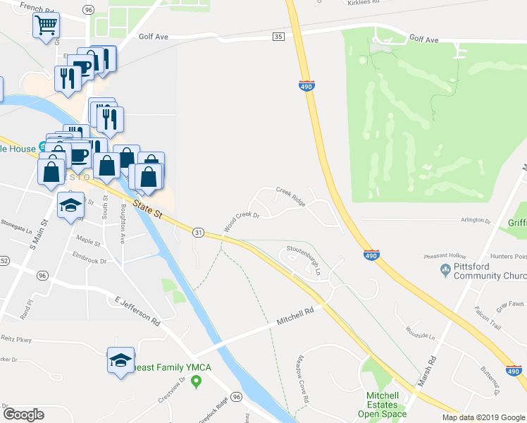 map of restaurants, bars, coffee shops, grocery stores, and more near 17 Winding Wood in Pittsford