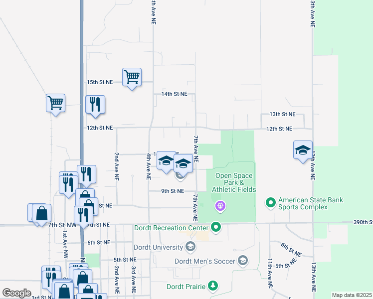 map of restaurants, bars, coffee shops, grocery stores, and more near 400-698 11th St NE in Sioux Center