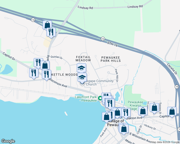 map of restaurants, bars, coffee shops, grocery stores, and more near 463 High Street in Pewaukee