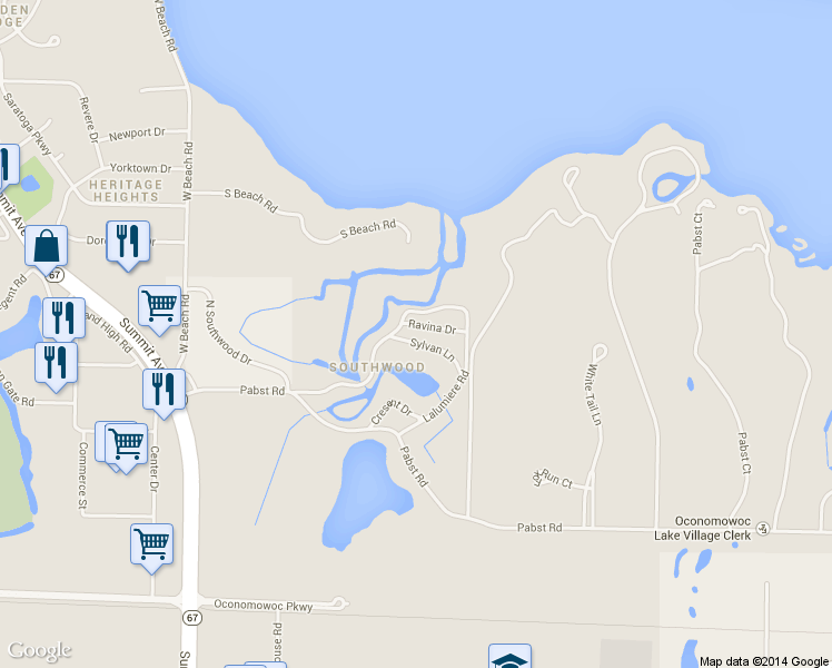map of restaurants, bars, coffee shops, grocery stores, and more near 36016 Sylvan Lane in Oconomowoc