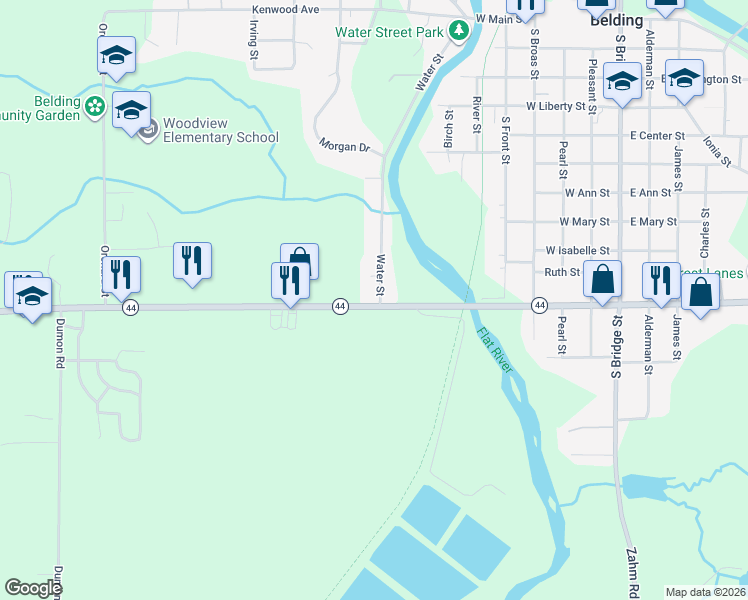 map of restaurants, bars, coffee shops, grocery stores, and more near 802 West State Street in Belding