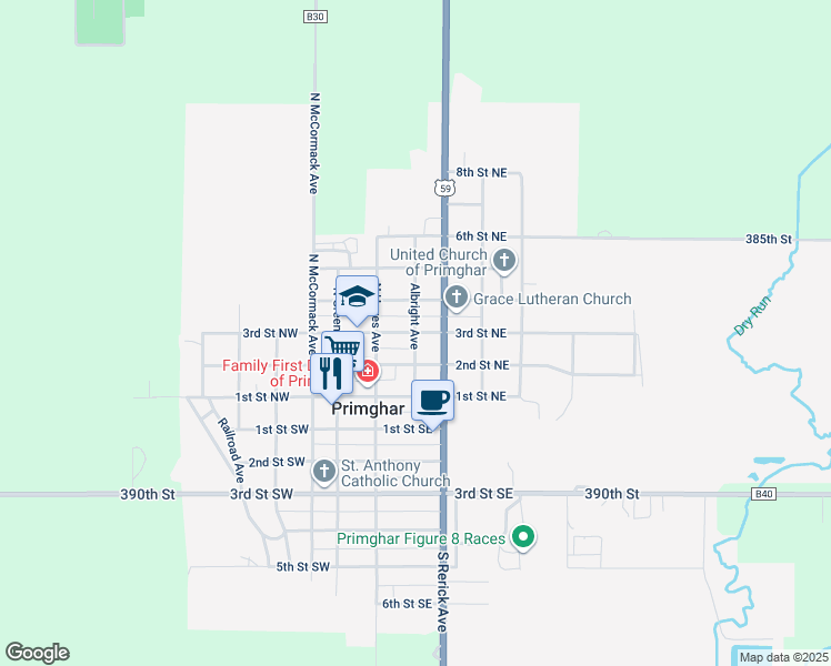 map of restaurants, bars, coffee shops, grocery stores, and more near 301 3rd Street Northeast in Primghar