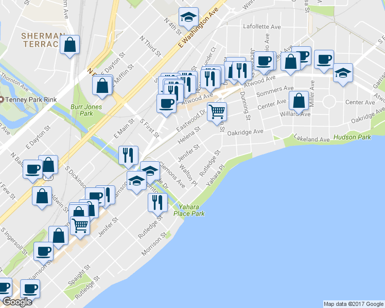 map of restaurants, bars, coffee shops, grocery stores, and more near 1837 Jenifer Street in Madison