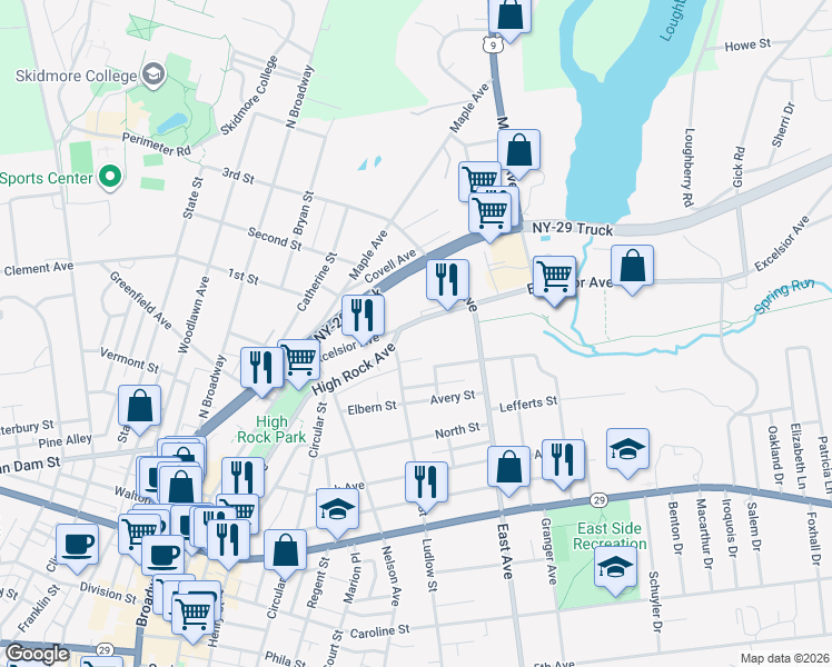 map of restaurants, bars, coffee shops, grocery stores, and more near 40 Excelsior Avenue in Saratoga Springs