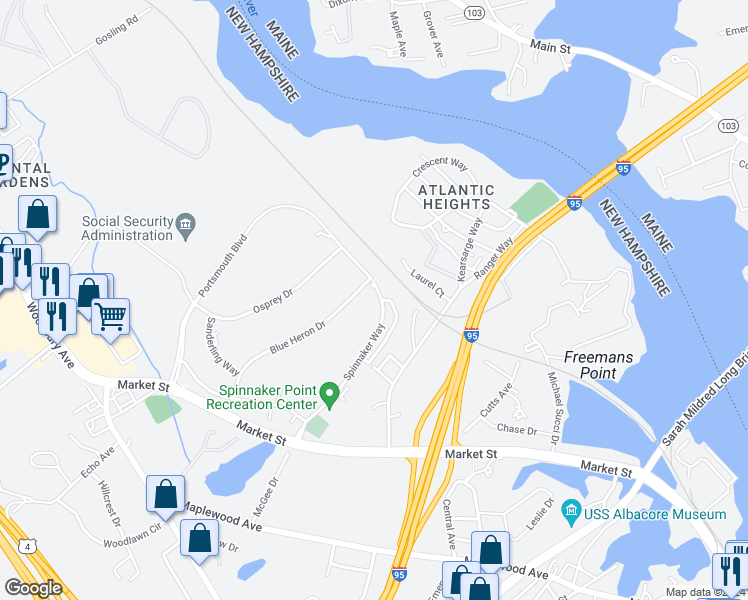 map of restaurants, bars, coffee shops, grocery stores, and more near 135 Spinnaker Way in Portsmouth