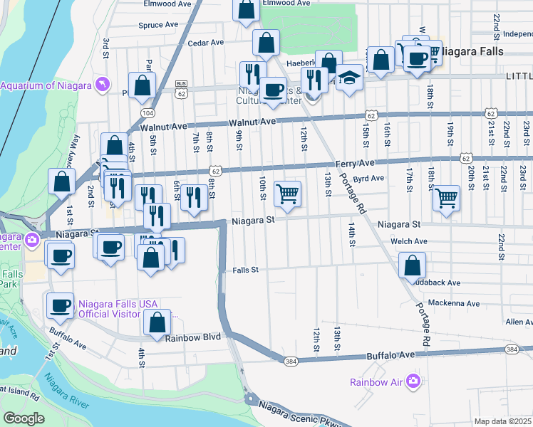 map of restaurants, bars, coffee shops, grocery stores, and more near 407 10th Street in Niagara Falls
