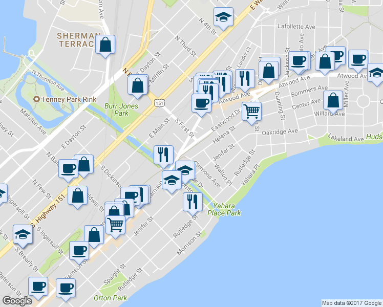 map of restaurants, bars, coffee shops, grocery stores, and more near 1706 Helena Street in Madison