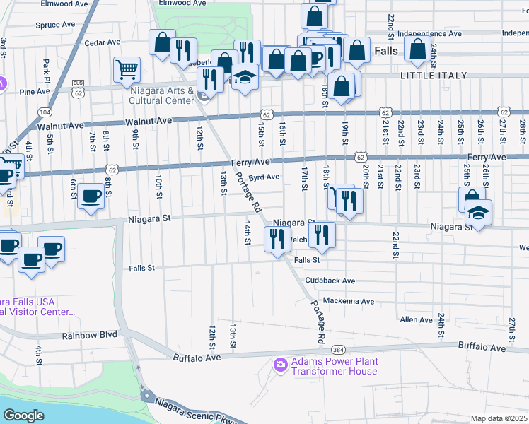 map of restaurants, bars, coffee shops, grocery stores, and more near 415 Portage Road in Niagara Falls